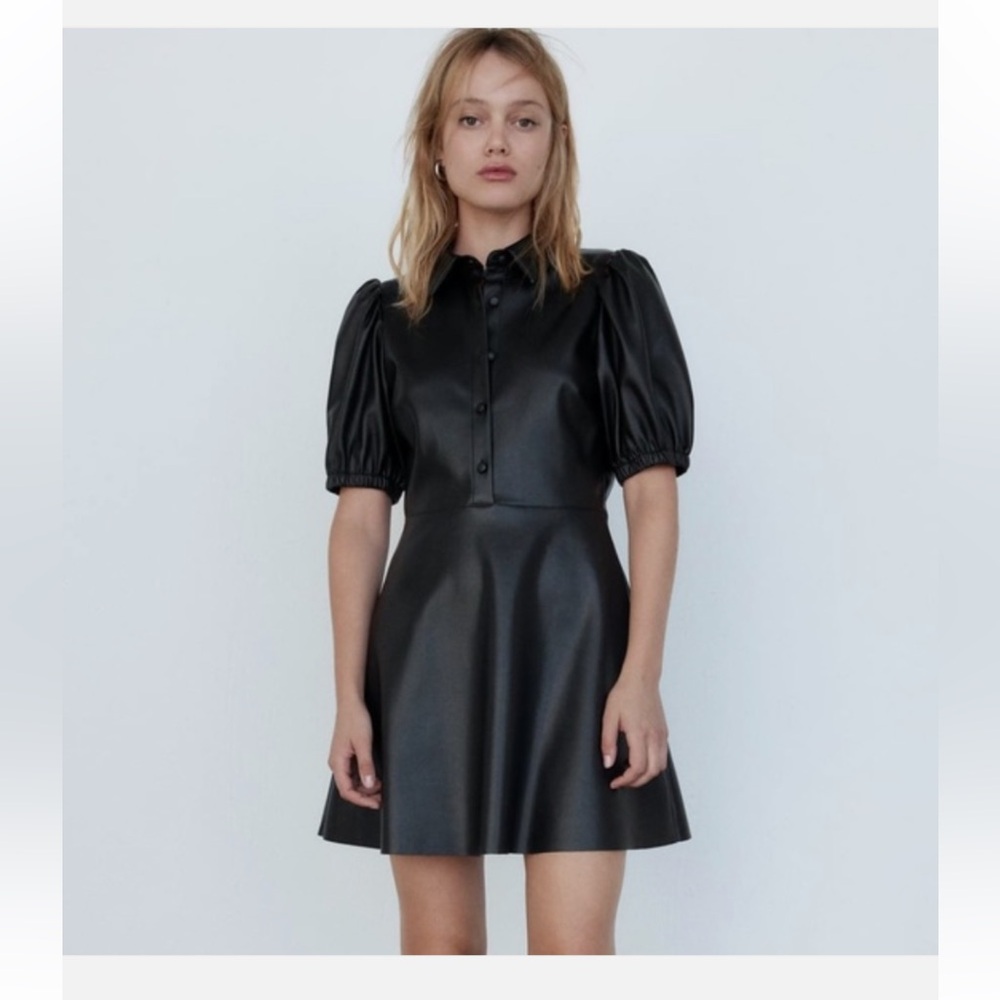 Zara Faux Leather Black Puff Sleeve Dress